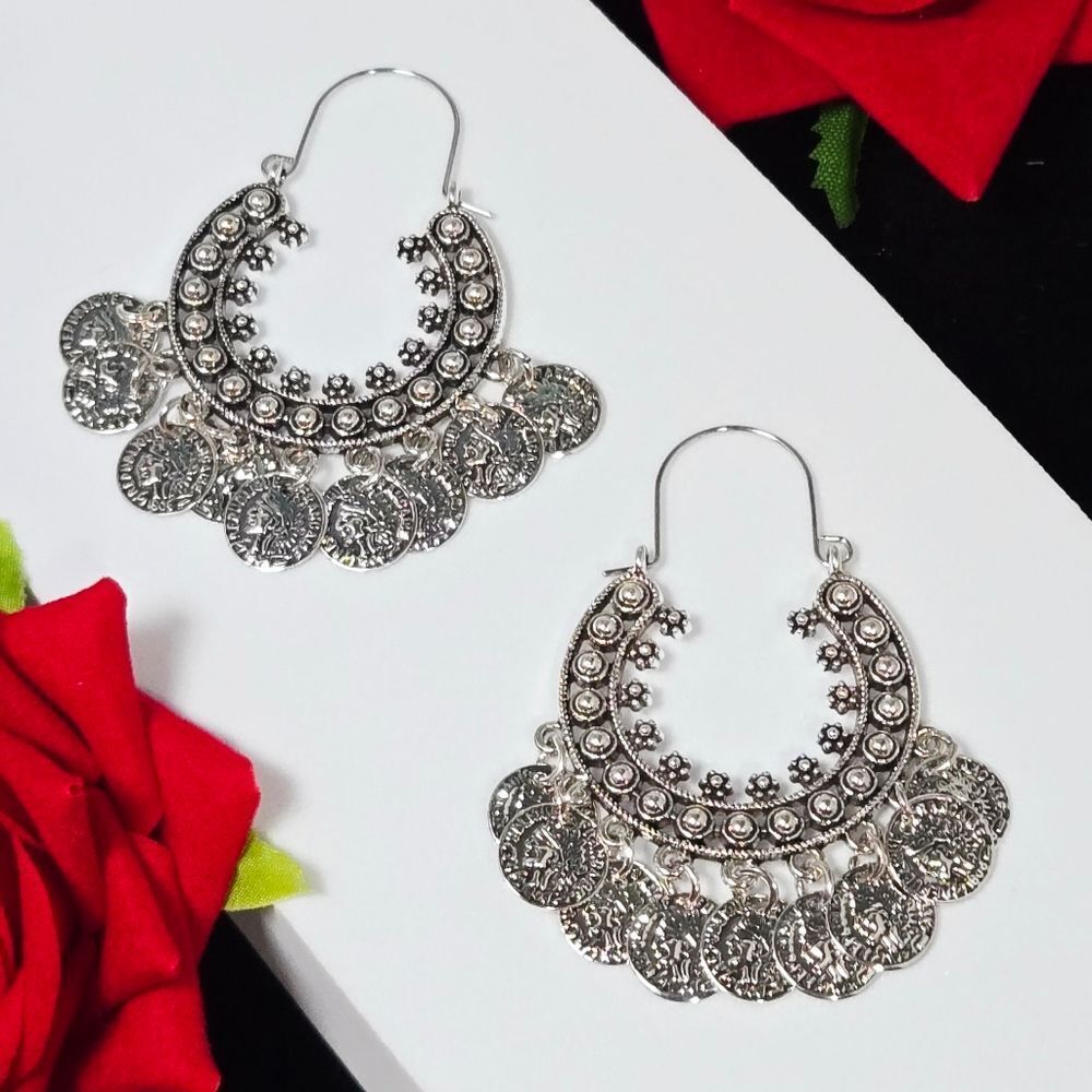 Vintage Silver Coin Hoop Earrings | Old World Charm Tassel Dangle Statement Chic